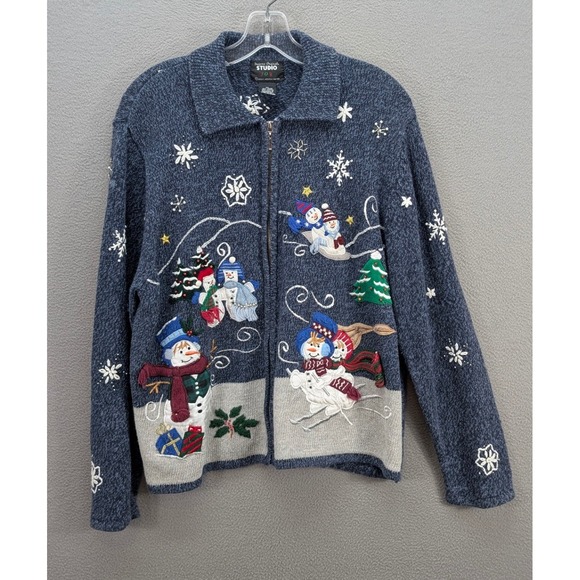 Vtg Studio Joy Christmas Cardigan Sweater Women's XL Snowman Holiday‎ Embellish - Picture 3 of 10